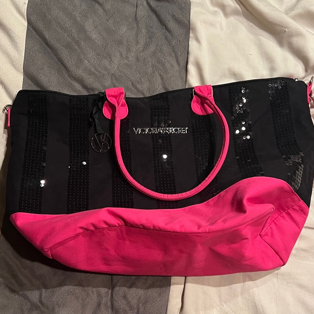 Victoria's Secret Black and Hot Pink Sequin Tote